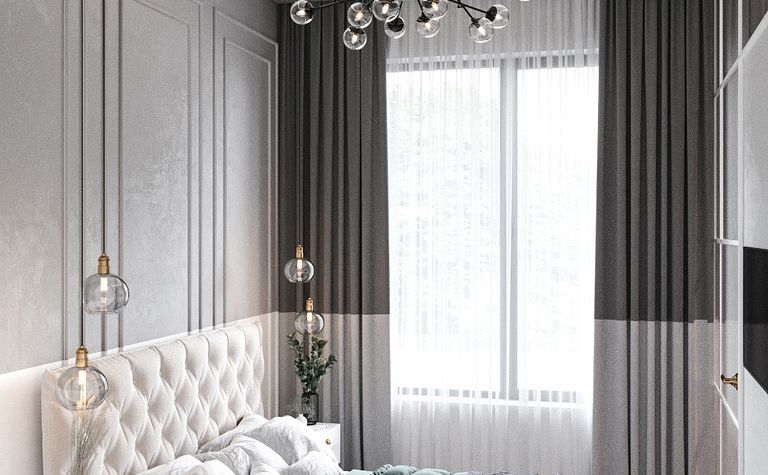 Sypialnia ze sztukaterią i szklaną ścianą garderoby