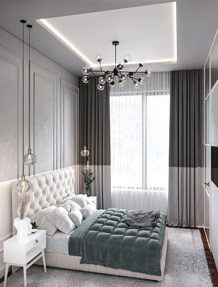 Sypialnia ze sztukaterią i szklaną ścianą garderoby