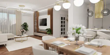 Wnętrze jadalni z drewnianym stołem, białymi krzesłami oraz roślinnością.