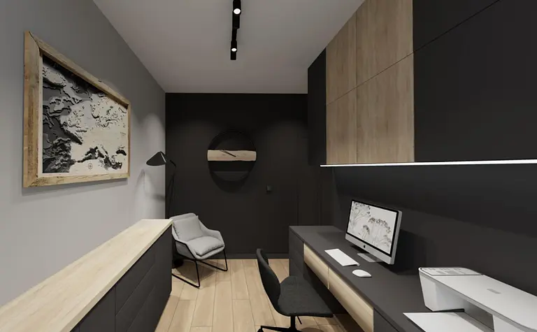 Gabinet w stylu industrialnym z drewnianymi akcentami i szarymi ścianami.