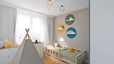 Pokój dziecięcy z minimalistycznym wystrojem, kolorowymi detalami i nowoczesnym łóżkiem.