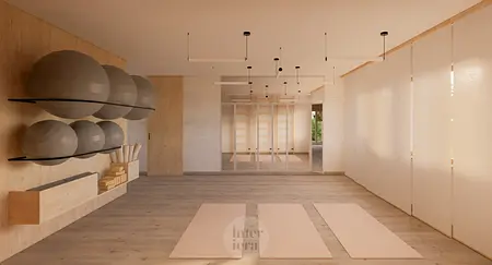 Przestronny pokój do ćwiczeń w stylu japandi i minimalistycznym z drewnianymi detalami.