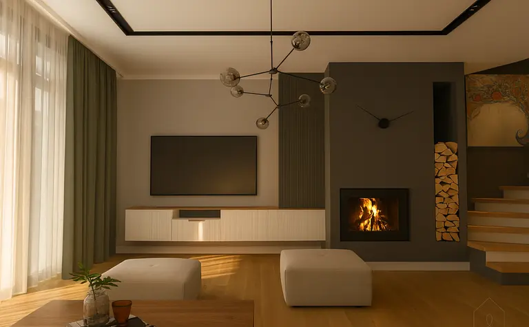 Wnętrze salonu z minimalistycznym wystrojem, kominkiem i nowoczesnym oświetleniem.