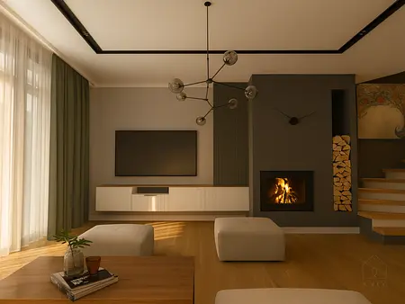 Wnętrze salonu z minimalistycznym wystrojem, kominkiem i nowoczesnym oświetleniem.