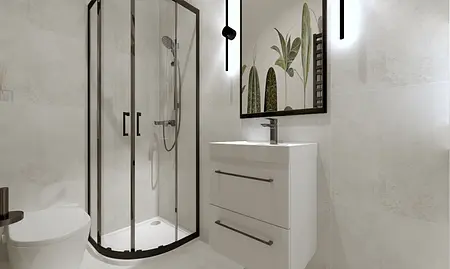 Współczesna łazienka z białą umywalką i prysznicem.