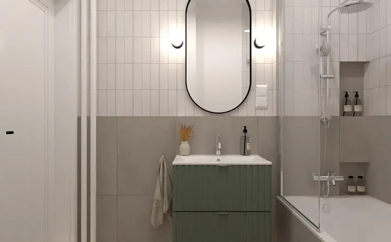 Wnętrze łazienki w stylu dopamine decor, skandynawskim i vintage z zieloną szafką.