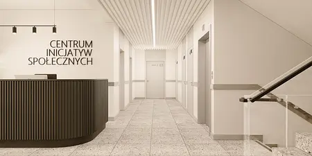 Recepcja w minimalistycznym wnętrzu z nowoczesnym biurkiem i oświetleniem, styl soft minimalizm.