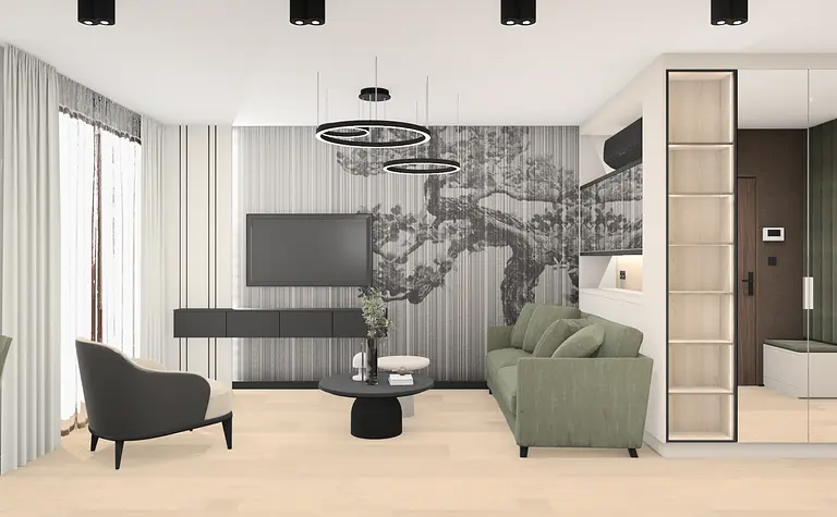 Wnętrze salonu w stylu nowoczesnym z zieloną sofą i szarymi detalami.
