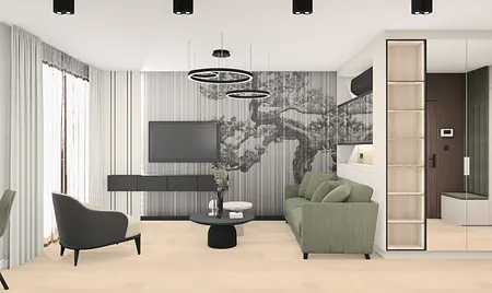 Wnętrze salonu w stylu nowoczesnym z zieloną sofą i szarymi detalami.