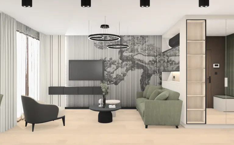 Wnętrze salonu w stylu nowoczesnym z zieloną sofą i szarymi detalami.