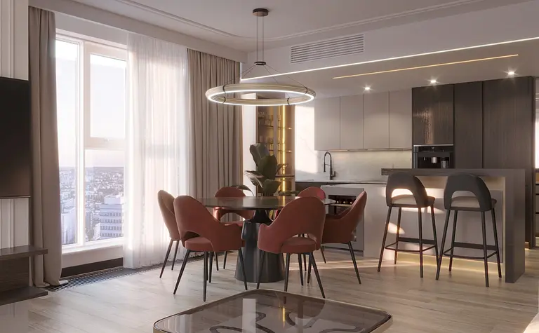 Wnętrze jadalni w stylu art deco i glamour z różowymi krzesłami.