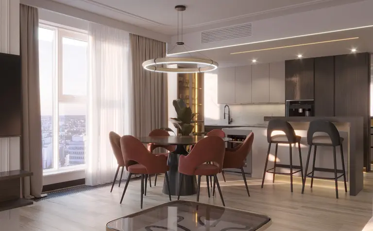 Wnętrze jadalni w stylu art deco i glamour z różowymi krzesłami.