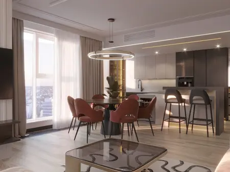 Wnętrze jadalni w stylu art deco i glamour z różowymi krzesłami.