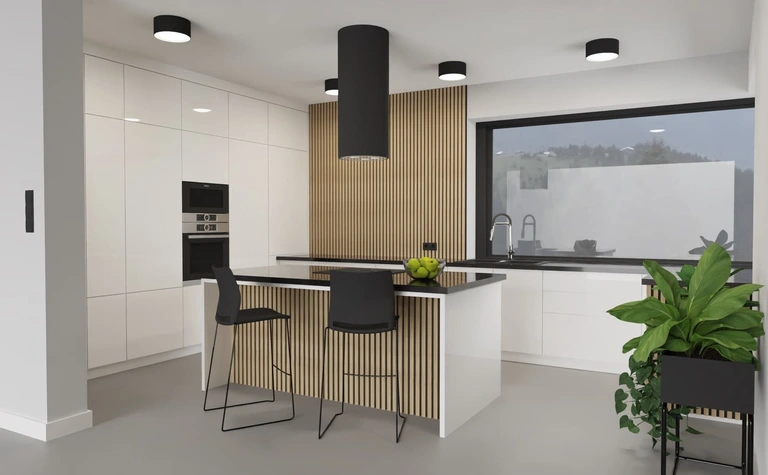Kuchnia w stylu industrialnym z białymi meblami i drewnianymi detalami.