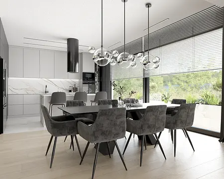 Wnętrze jadalni w stylu minimalistycznym i nowoczesnym z szarymi krzesłami i białymi meblami.