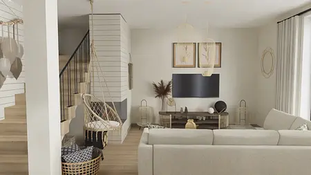 Salon w stylu boho z jasnymi meblami i dekoracjami.