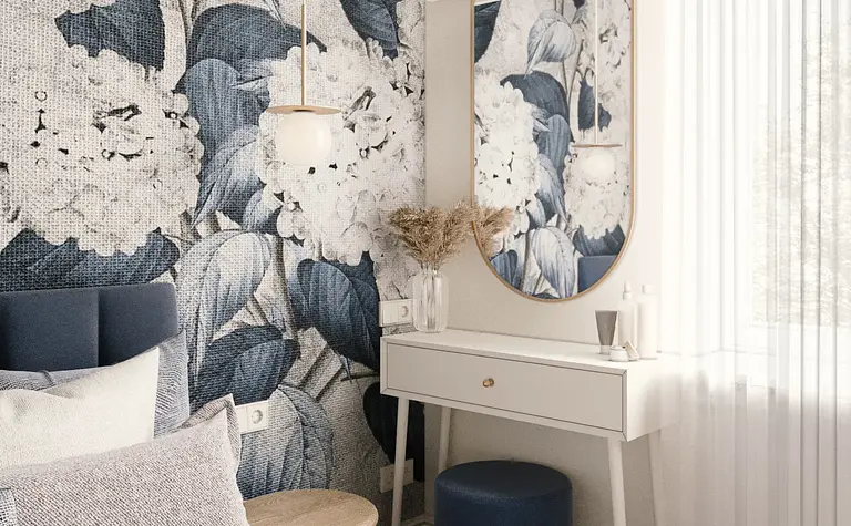 Wnętrze sypialni z eklektycznym stylem, glamour, nowoczesnym, quiet luxury, współczesnym