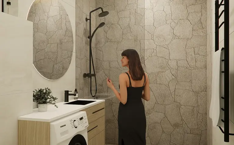 Nowoczesna łazienka w stylu japandi, minimalistycznym i skandynawskim z pralką.