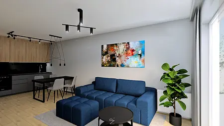 Wnętrze salonu z niebieską sofą, drewnianym blatem i nowoczesnymi detalami.