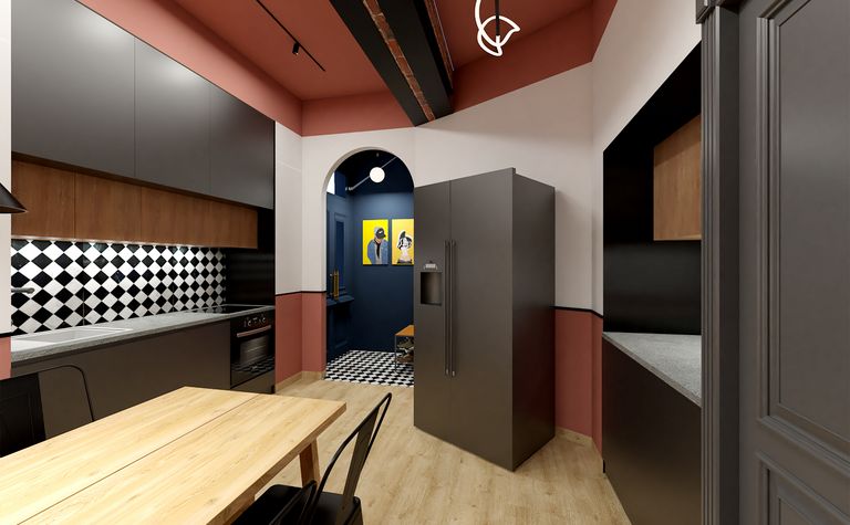 Stylowa kuchnia w stylu dopamine decor z czarnymi meblami i drewnianym stołem.