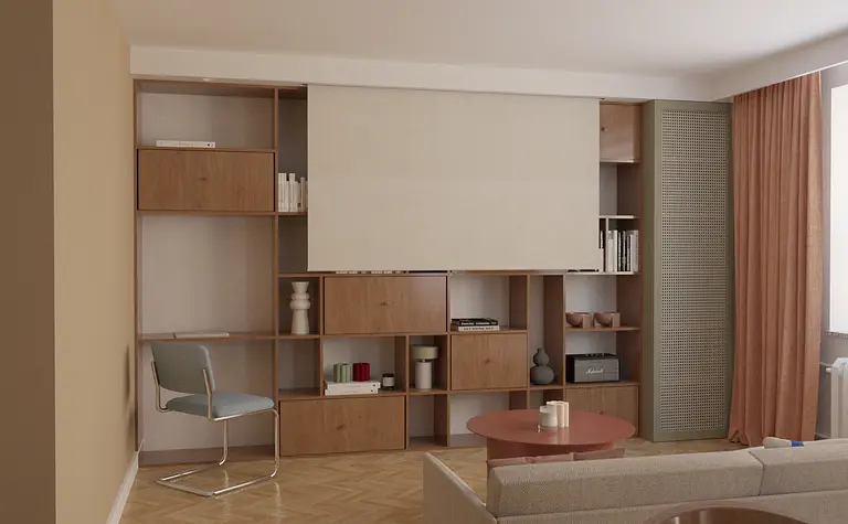 Wnętrze z eklektycznym designem, dopamine decor i współczesnymi elementami.