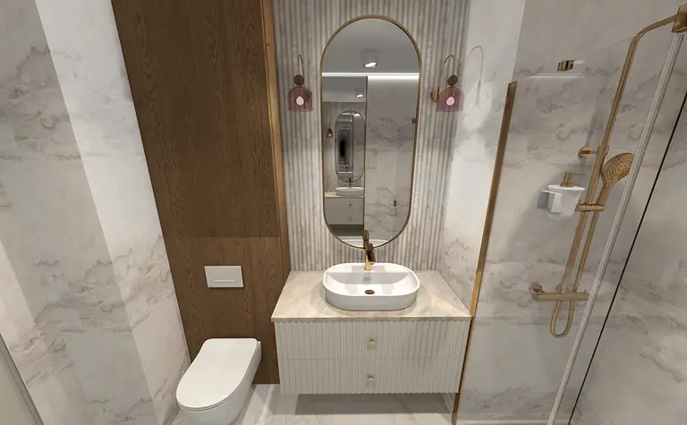 Współczesna łazienka z białą umywalką, złotymi detalami i drewnianą ścianą.