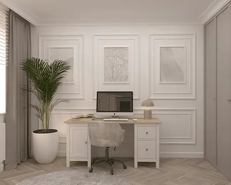 Nowoczesny gabinet w stylu quiet luxury z białym biurkiem, rośliną i eleganckimi detalami.