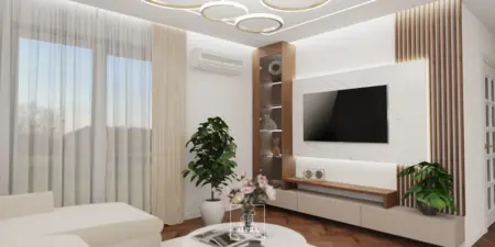 Wnętrze salonu z białą kanapą i drewnianymi akcentami, nowoczesny i tradycyjny styl.