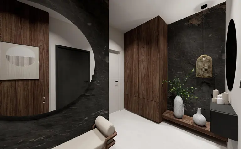 Przedpokój w stylu industrialnym, rustykalnym i vintage z drewnianymi meblami.