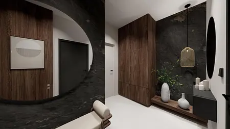 Przedpokój w stylu industrialnym, rustykalnym i vintage z drewnianymi meblami.