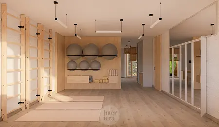 Przestrzeń do ćwiczeń w stylu japandi i minimalistycznym z drewnianymi elementami