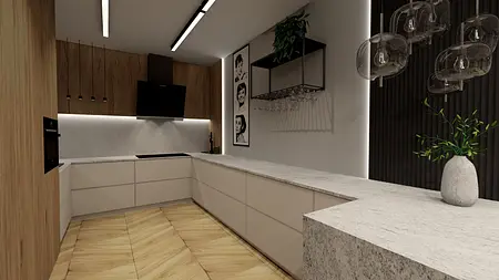 Kuchnia minimalistyczna z białymi meblami, drewnianą podłogą i nowoczesnym oświetleniem.