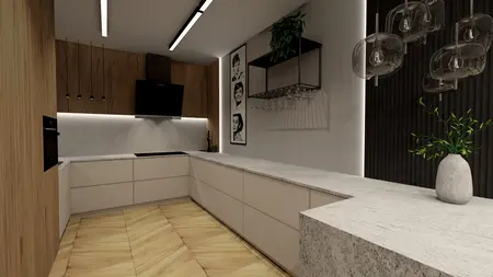 Kuchnia minimalistyczna z białymi meblami, drewnianą podłogą i nowoczesnym oświetleniem.