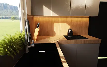 Nowoczesna kuchnia minimalistyczna z drewnianymi meblami i czarnym zlewem
