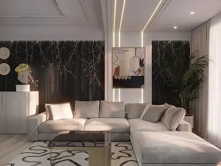Wnętrze salonu w stylu art deco, glamour i soft minimalizm z szarym narożnikiem.