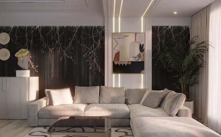 Wnętrze salonu w stylu art deco, glamour i soft minimalizm z szarym narożnikiem.