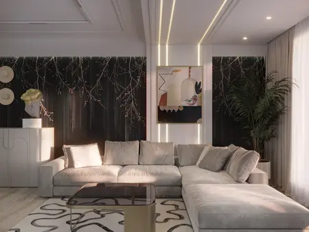 Wnętrze salonu w stylu art deco, glamour i soft minimalizm z szarym narożnikiem.