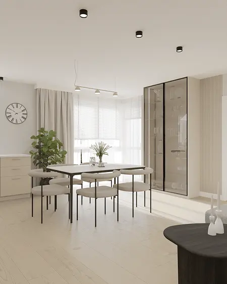 Jadalnia w stylu eklektycznym i minimalistycznym z rośliną i dużym oknem.
