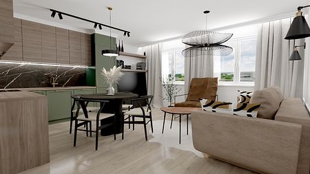 Wnętrze kuchni w stylu art deco z zielonymi meblami i drewnianym blatem.