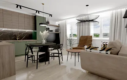 Wnętrze kuchni w stylu art deco z zielonymi meblami i drewnianym blatem.