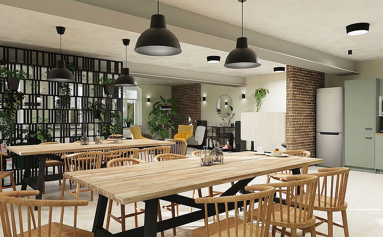Wnętrze jadalni z drewnianym stołem, krzesłami i roślinami, styl boho, industrialny, minimalistyczny, nowoczesny, skandynawski, tradycyjny, współczesny.