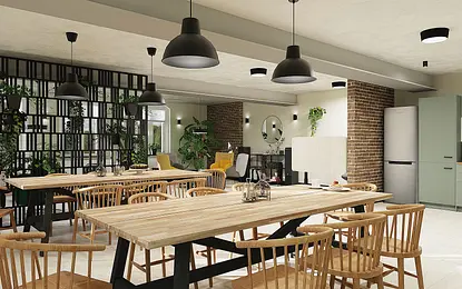 Wnętrze jadalni z drewnianym stołem, krzesłami i roślinami, styl boho, industrialny, minimalistyczny, nowoczesny, skandynawski, tradycyjny, współczesny.