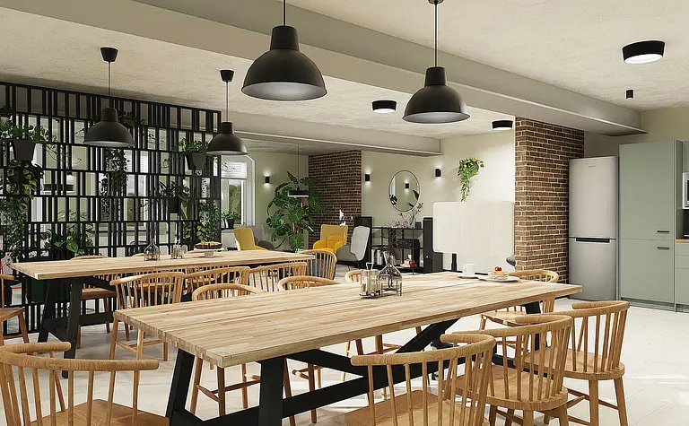 Wnętrze jadalni z drewnianym stołem, krzesłami i roślinami, styl boho, industrialny, minimalistyczny, nowoczesny, skandynawski, tradycyjny, współczesny.