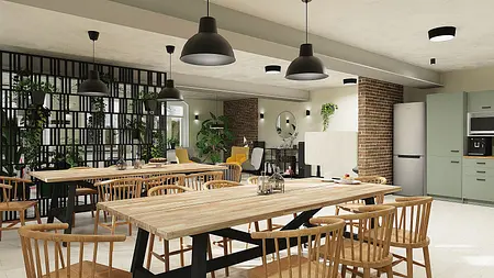 Wnętrze jadalni z drewnianym stołem, krzesłami i roślinami, styl boho, industrialny, minimalistyczny, nowoczesny, skandynawski, tradycyjny, współczesny.