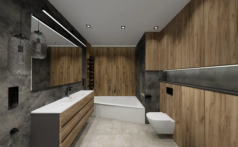 Nowoczesna łazienka z drewnianymi meblami i szarymi akcentami w stylu industrialnym i minimalistycznym.