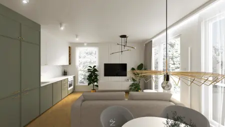 Wnętrze kuchni w stylu art deco i boho z zielonymi meblami.