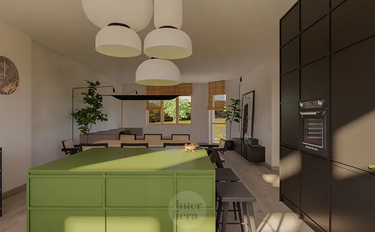 Kuchnia w stylu japandi i minimalistycznym z zielonym blatem i naturalnymi materiałami.