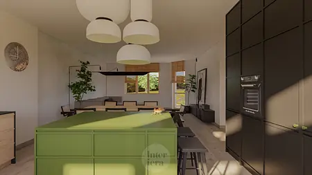 Kuchnia w stylu japandi i minimalistycznym z zielonym blatem i naturalnymi materiałami.