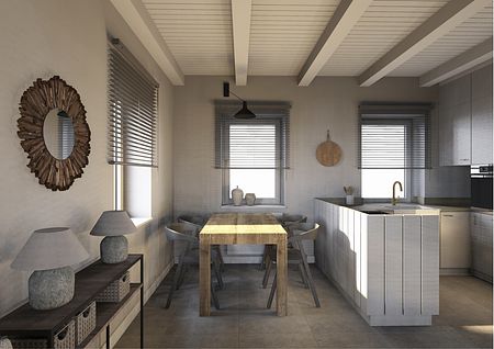 Wnętrze kuchni w stylu eklektycznym z drewnianym stołem, szarymi meblami i rustykalnymi dodatkami.