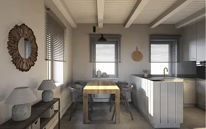 Wnętrze kuchni w stylu eklektycznym z drewnianym stołem, szarymi meblami i rustykalnymi dodatkami.